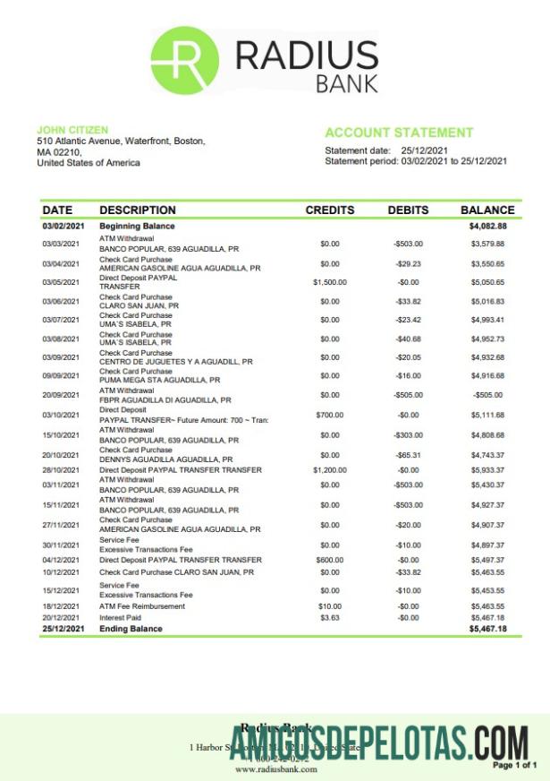 USA Massachusetts Radius Bank Word Pdf amostra